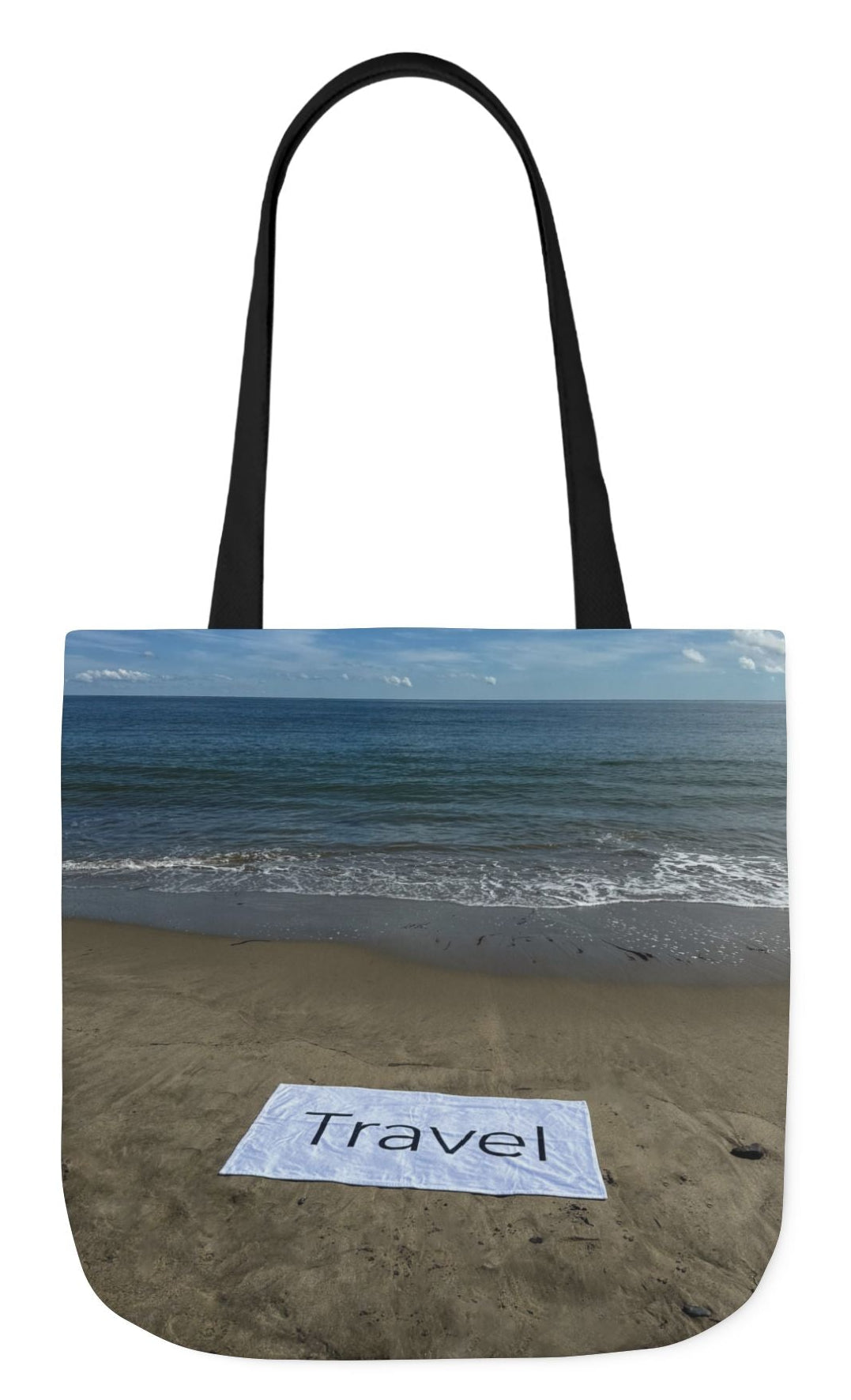 back of personalized travel tote bag 18 x 18 with black handles beachfront