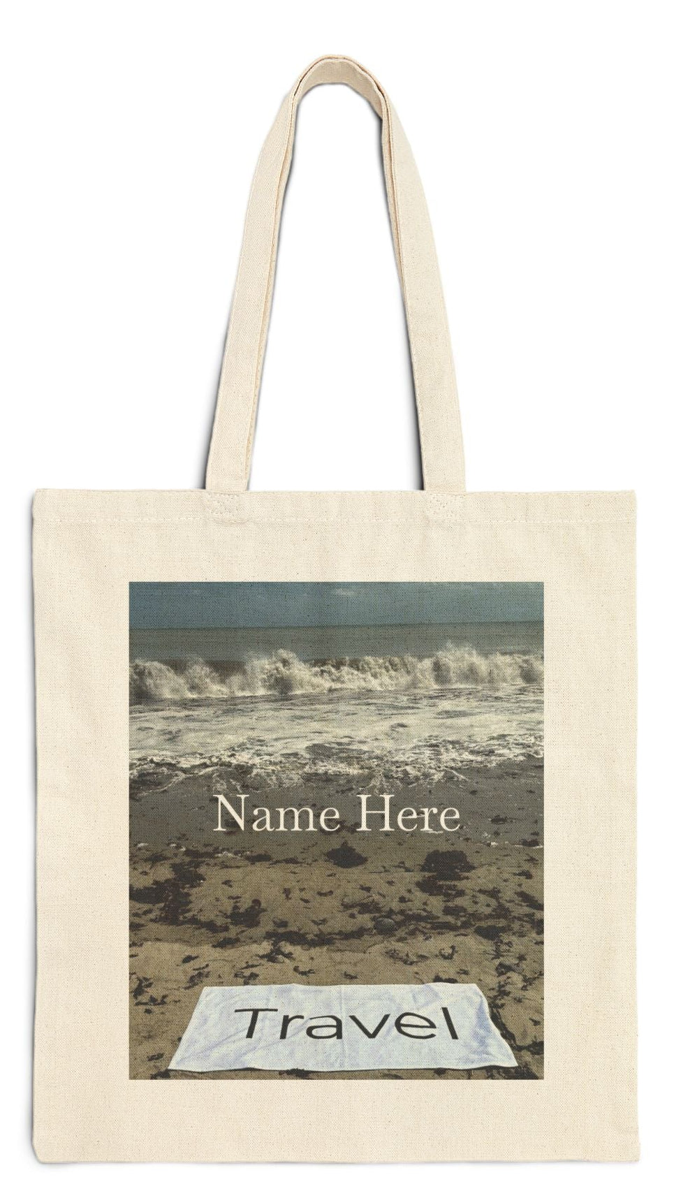Travel Tote Bag Natural Color 15” x 16” Cotton Canvas Print on One Side. “Wild Waves Travel Bag” (Personalize it)
