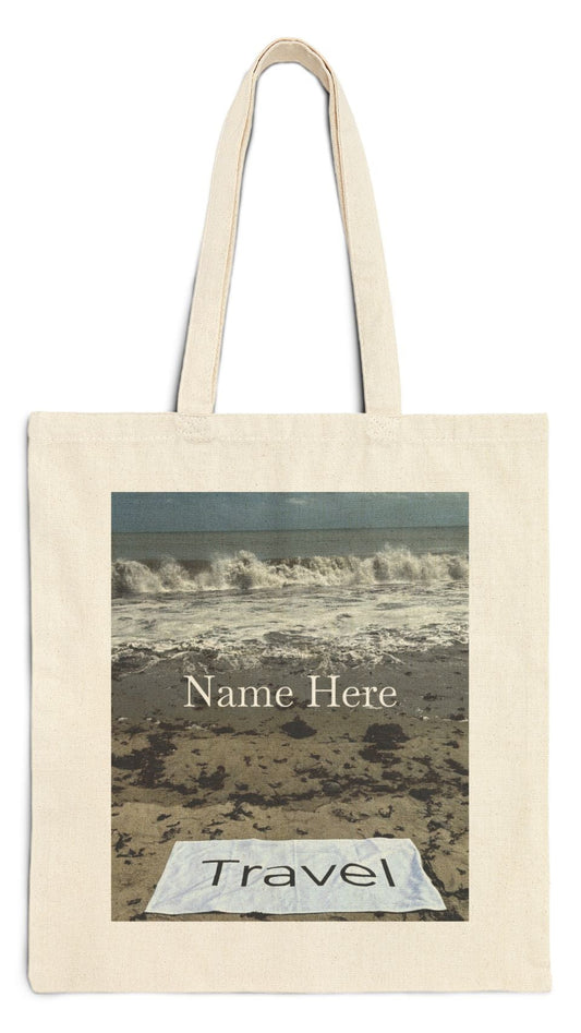 Travel Tote Bag Natural Color 15” x 16” Cotton Canvas Print on One Side. “Wild Waves Travel Bag” (Personalize it)