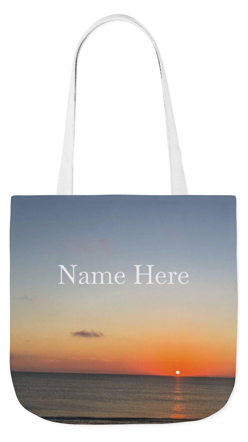 Personalized Everyday Tote Bag 13” x 13” different print on each side. 5 Handle Color Options. option. “Seaside Sunrising”