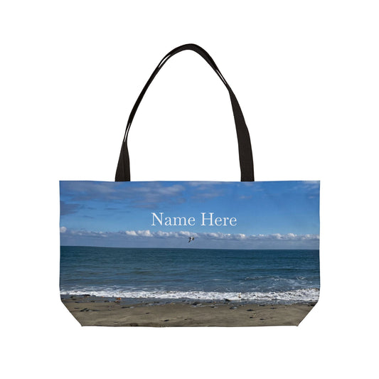 Personalized Weekender Tote Bag 24" x 13" with Different Print on Each Side. "Shore Bird & Big Waves"