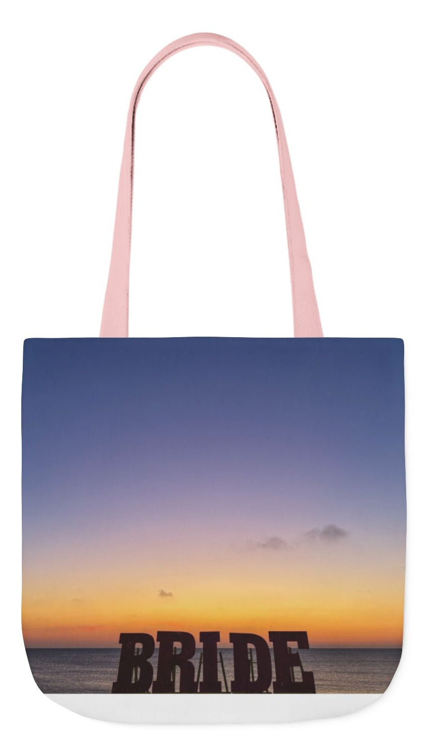 Bride Tote Bag 13” x 13” same print on each side. Handle color choice of Pink or White. “Daybreak Bride Bag”