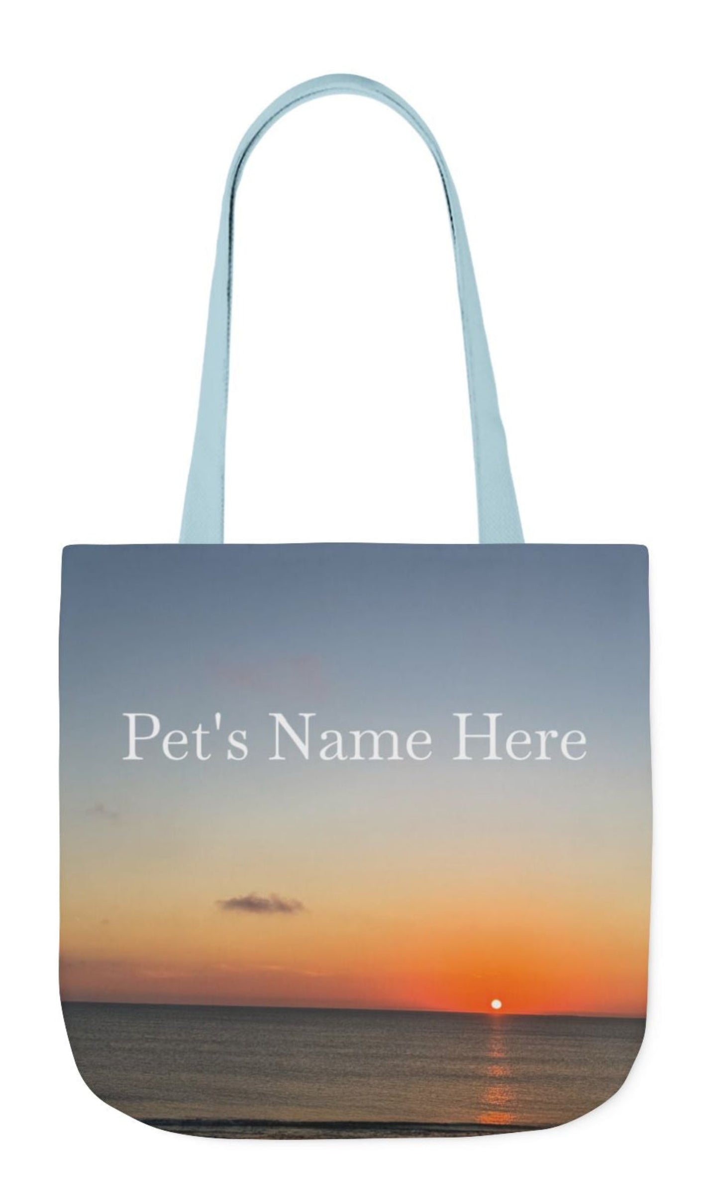 pet's name tote bag 13 x 13 blue handles seaside sunrising