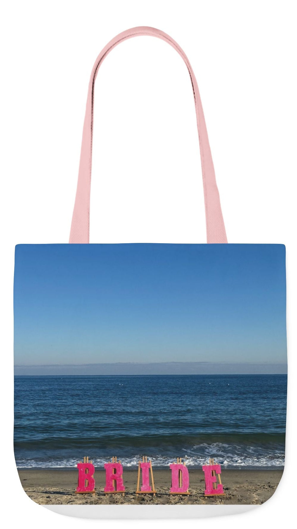 Bride Tote Bag 18” x 18” different print on each side. Pink or White Handles option. “Seaside & Beach Bride Bag”
