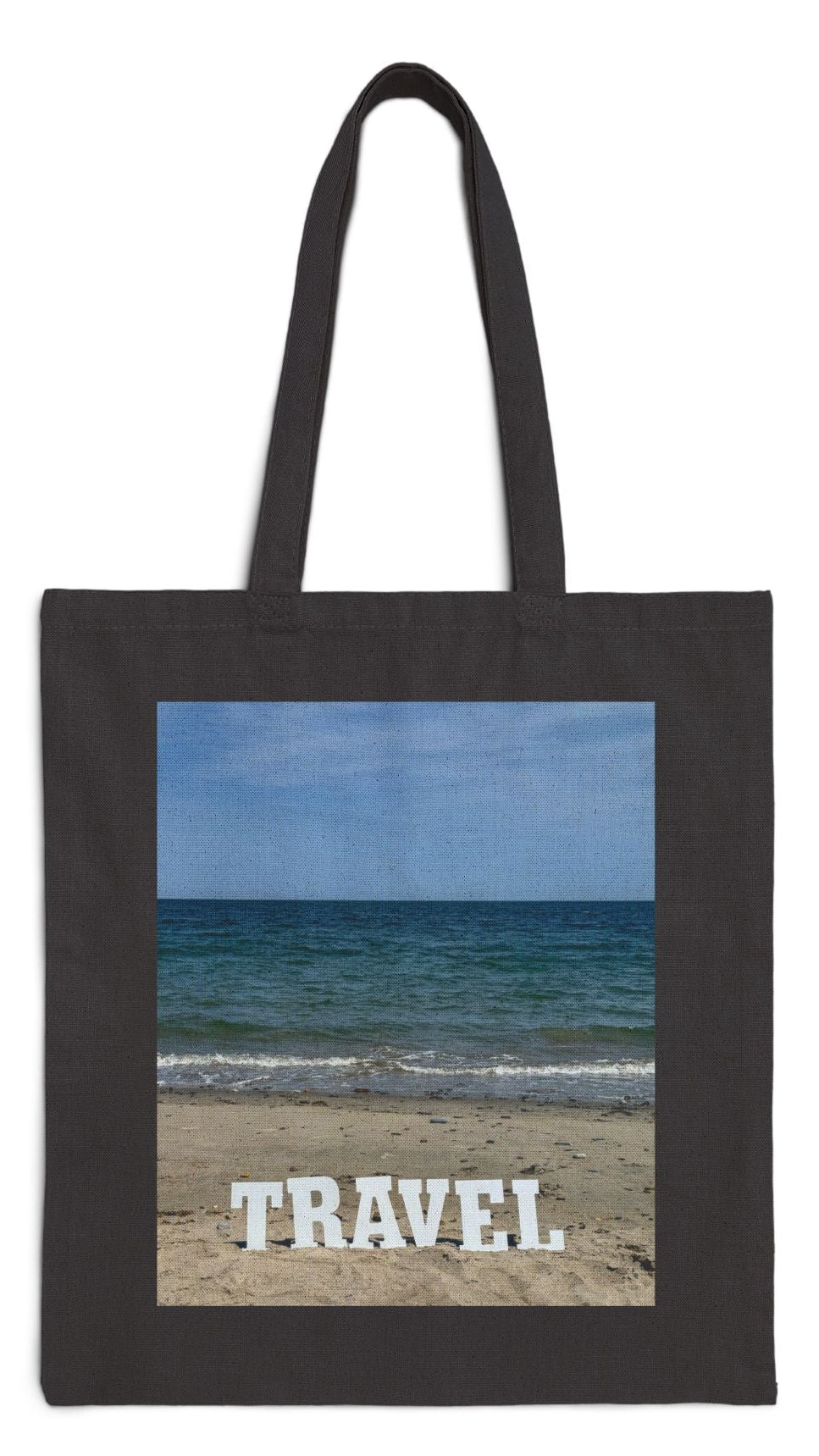 Travel Tote Bag  Black 15” x 16” Cotton Canvas Print on One Side. “Beach Travel Bag”