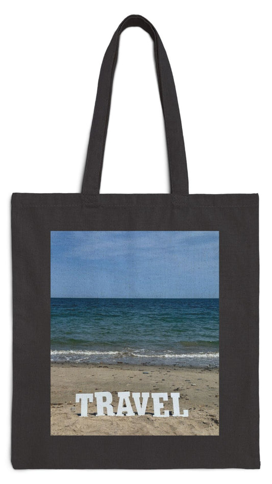 Travel Tote Bag  Black 15” x 16” Cotton Canvas Print on One Side. “Beach Travel Bag”