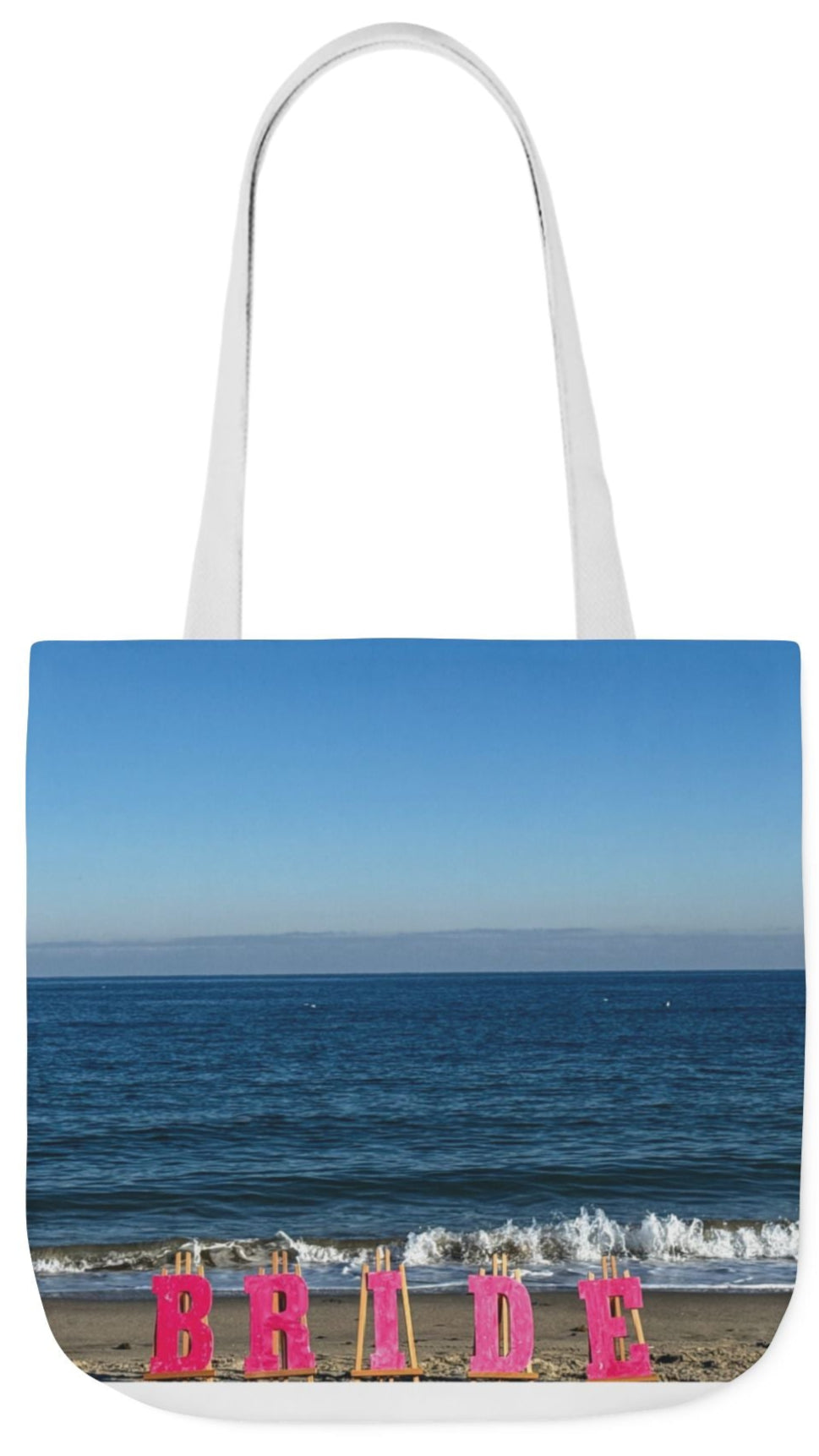 Bride Tote Bag 18" x 18" with allover same print on each side. Pink or white handle choice. "Beach Bride Bag"