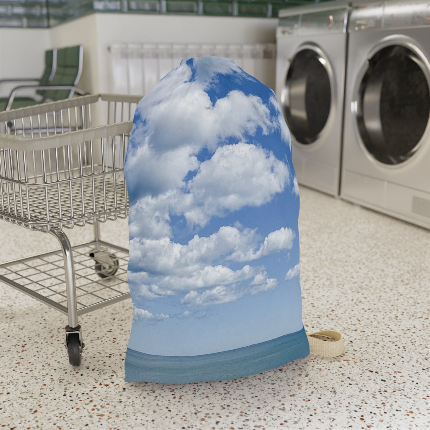 Laundry Bag with Shoulder Strap and Drawstring Different Print on Each Side. 28" x 36” “Seaside Bright Clouds Laundry”