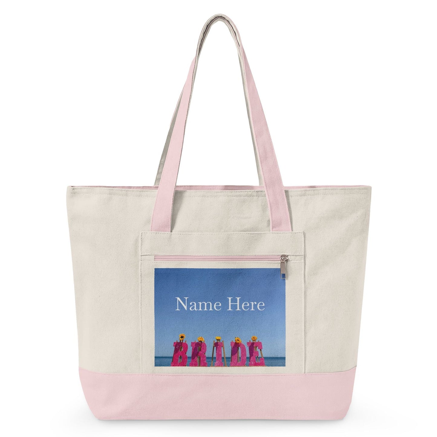 "New" Personalized Bride Tote Bag with Zippers and Pink Highlights. "Beachfront Bride Bag"