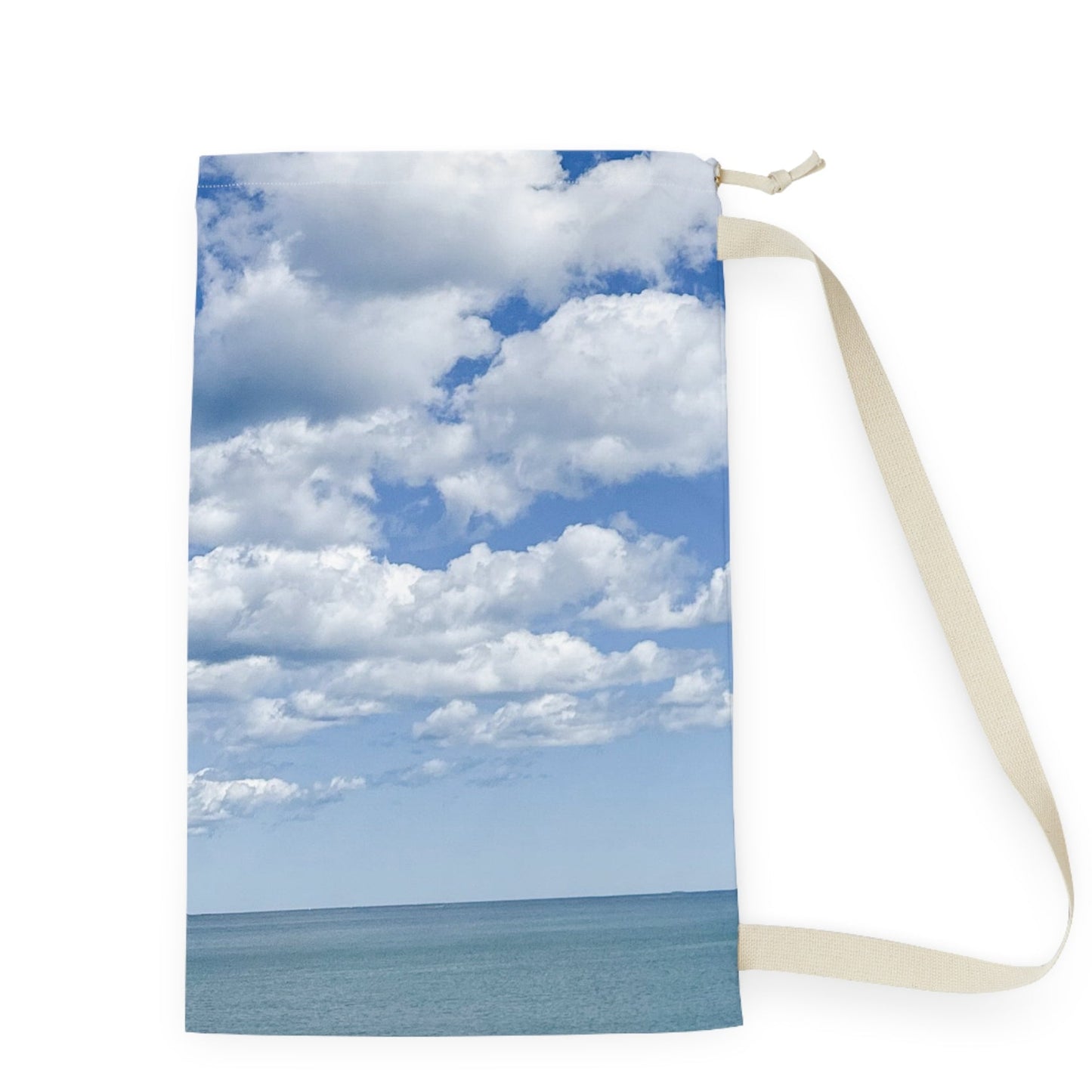 Laundry Bag with Shoulder Strap and Drawstring. Different Print on Each Side. 18" x 29” Seaside Bright Clouds Laundry”