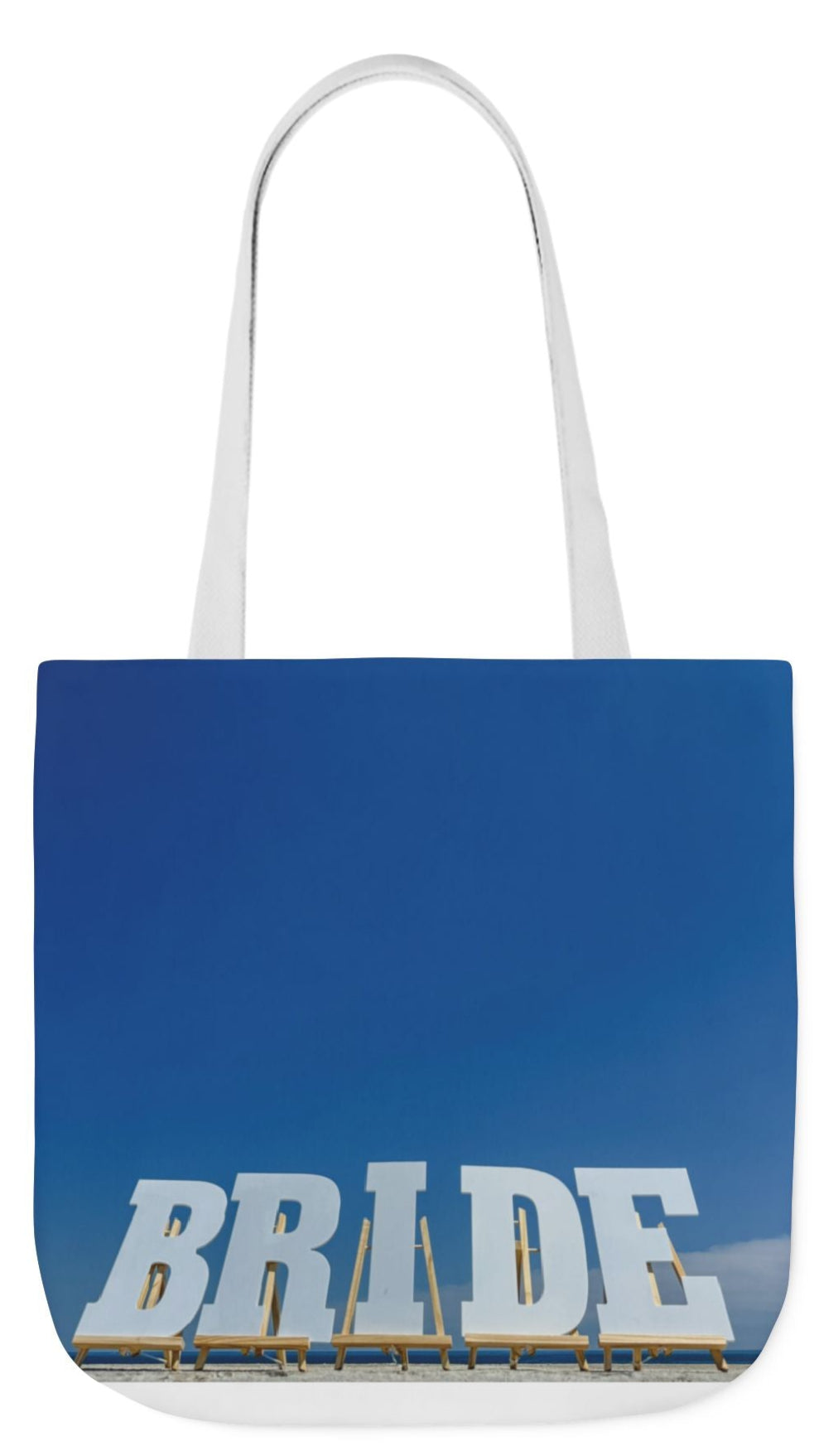Bride Tote Bag 18" x 18" with allover same print on each side. Pink or white handle choice. "Bride Bag Bright Sky"
