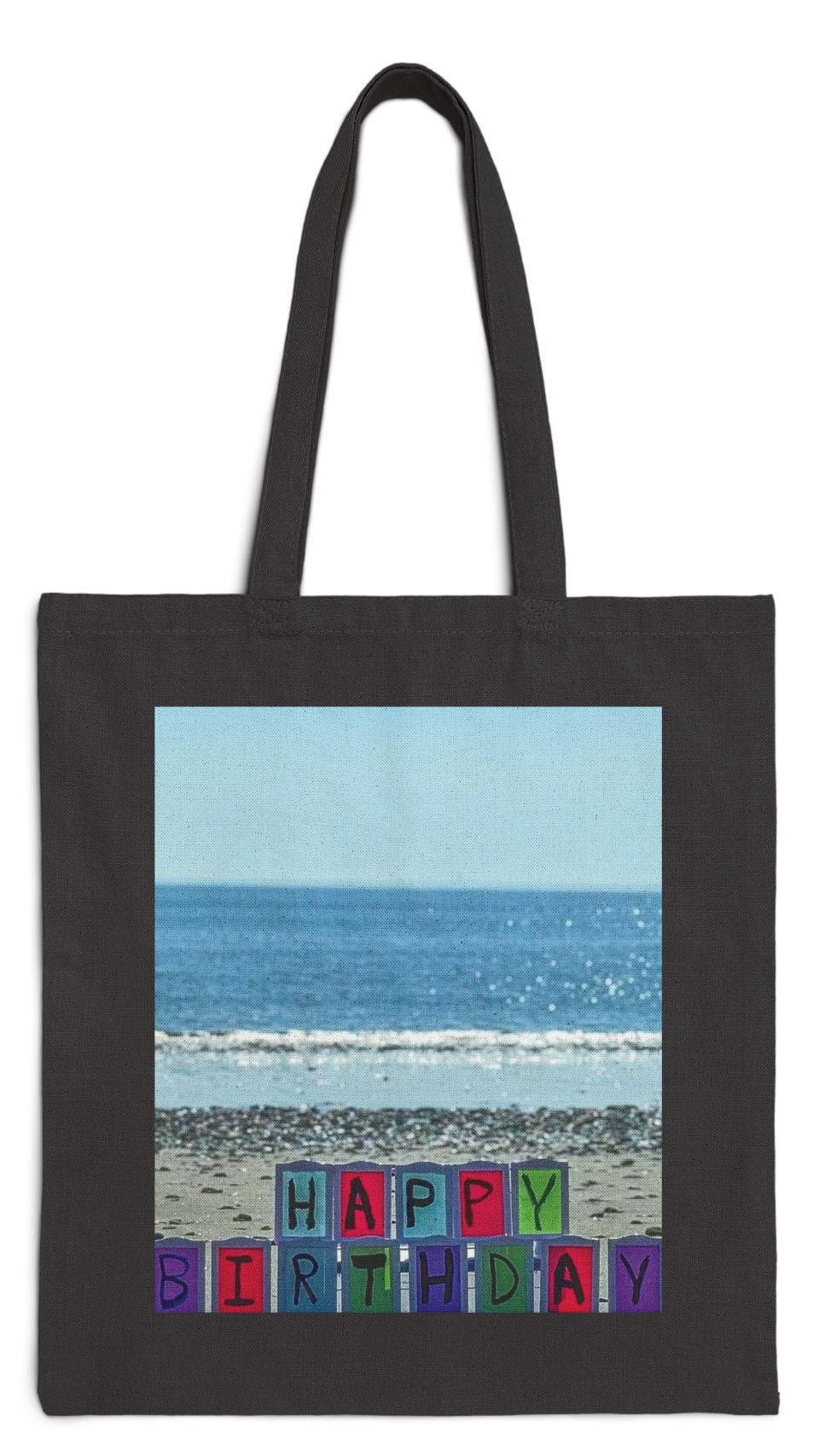 Birthday Tote Bag Black 15" x 16" Cotton Canvas Print on One Side. "Seaside Birthday"