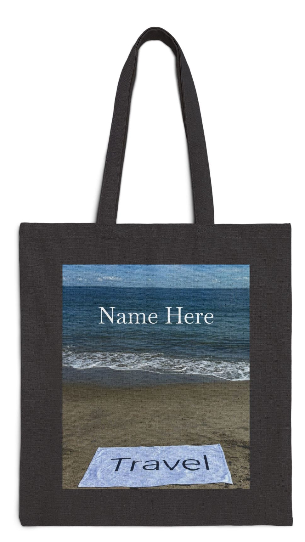 Travel Tote Bag Black 15” x 16” Cotton Canvas Print on One Side. “Beachfront Travel Bag Personalized"