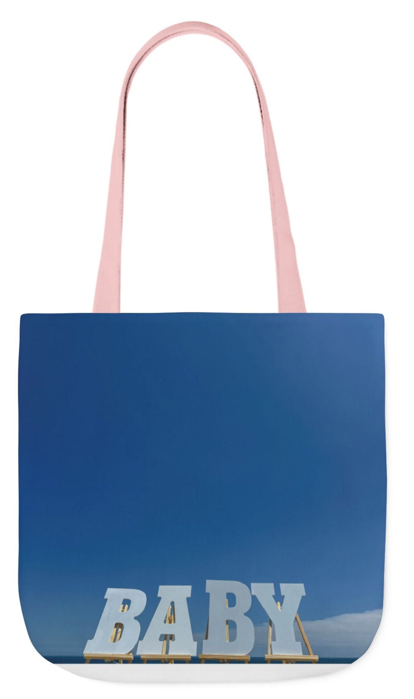 back of personalized baby tote bag 18" x 18" in blue with pink handles