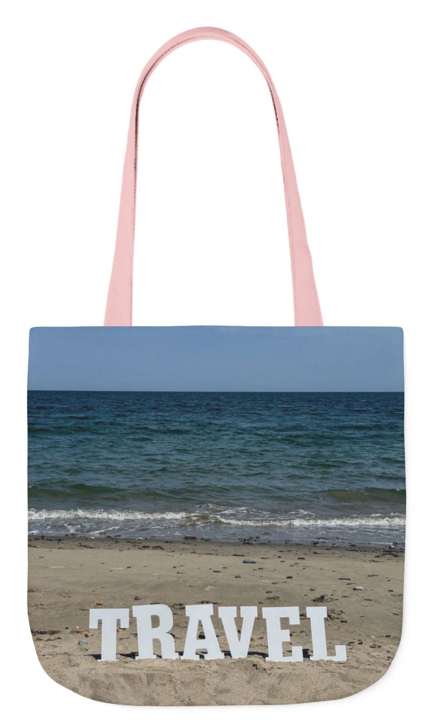back of personalized travel tote bag pink handles matching beach scene each side