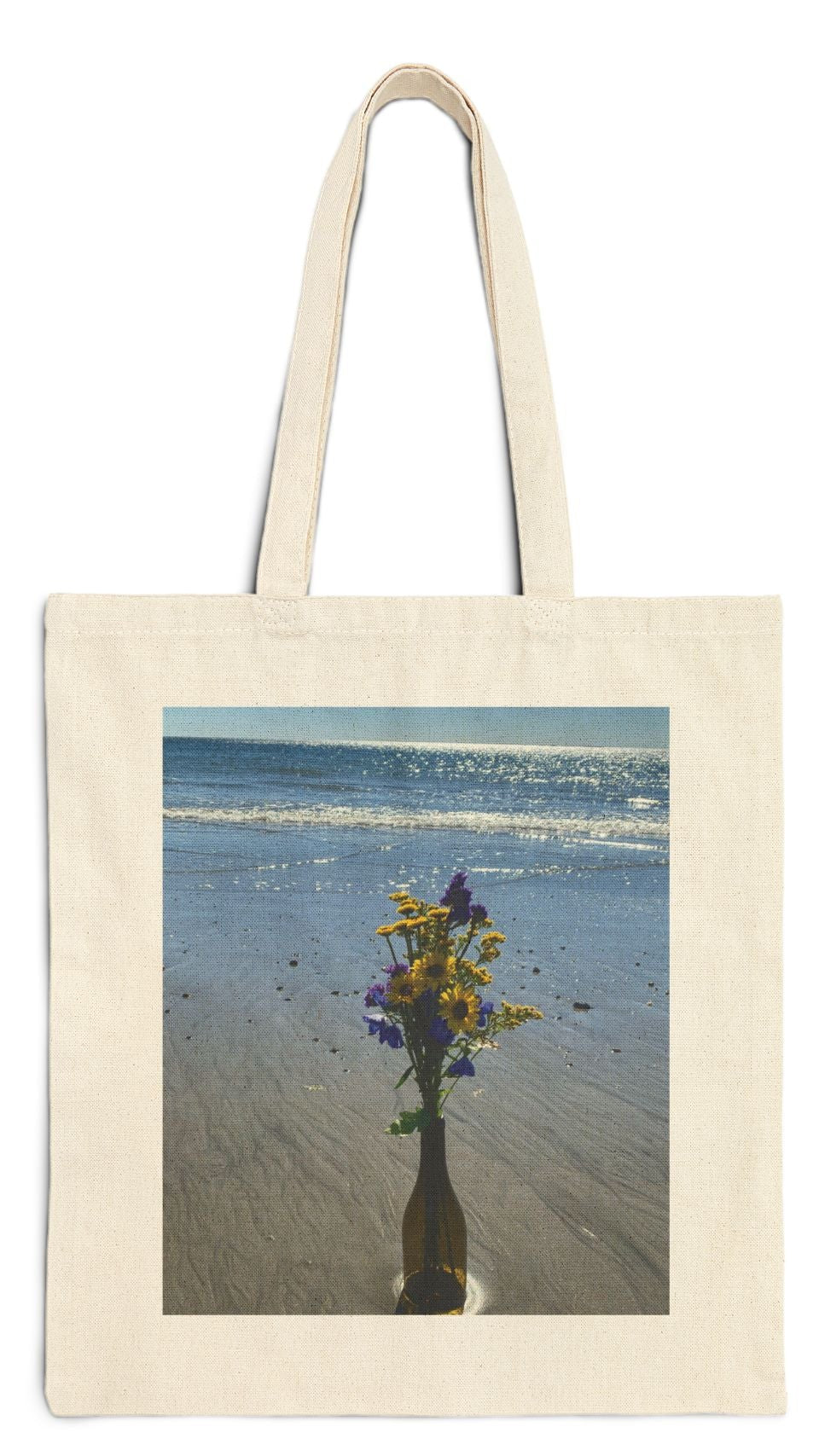 Floral Tote Bag Natural Color 15" x 16" Cotton Canvas Print on One Side. "Beachy Flowers in a Bottle"