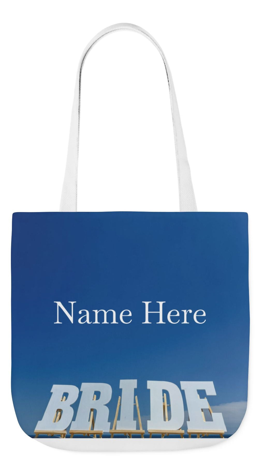 Bride Tote Bag 18" x 18" same print on each side. Pink or White handle option. "Bright Sky Bride Bag Personalized”