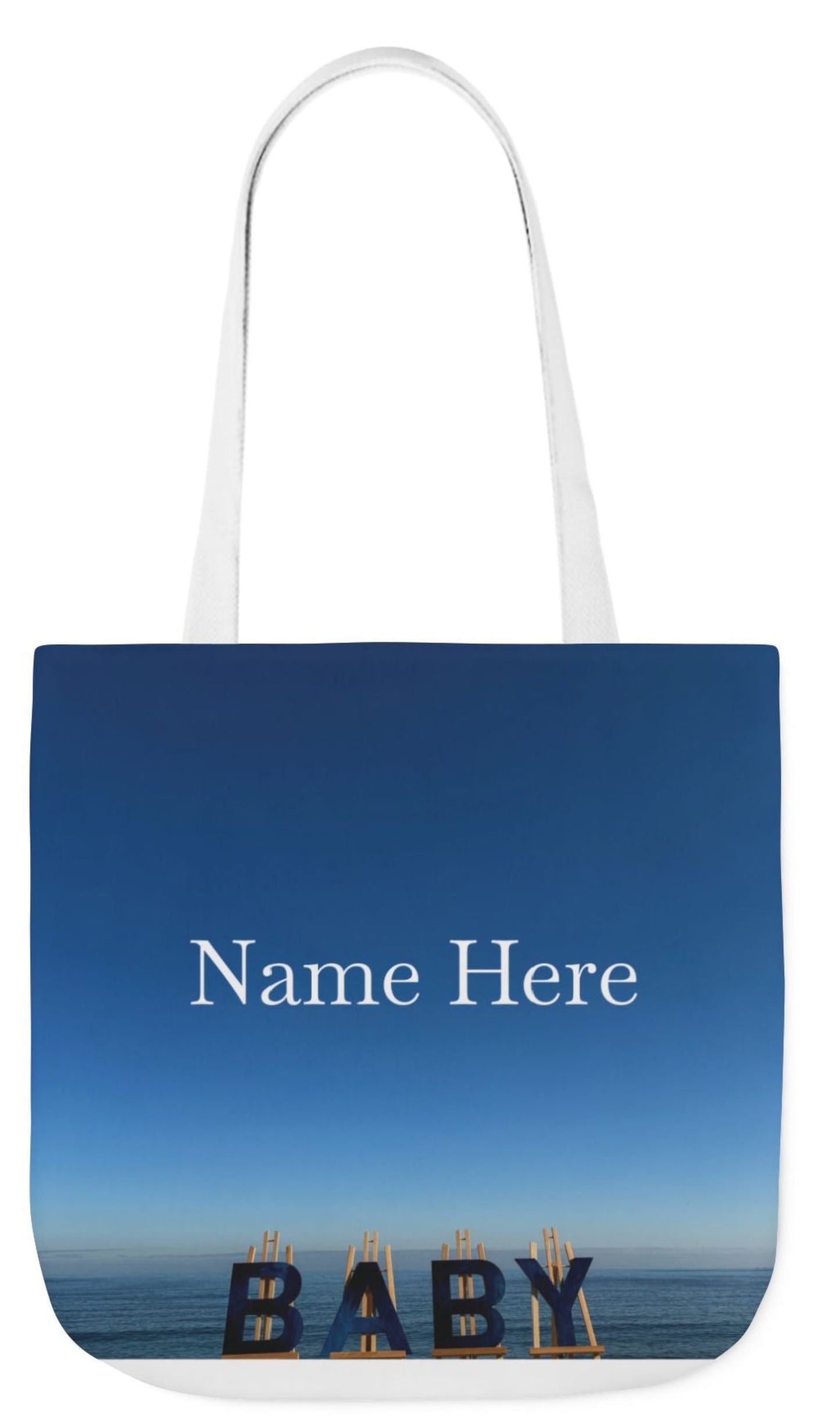 personalized baby tote bag different print each side white handles 18" x 18"