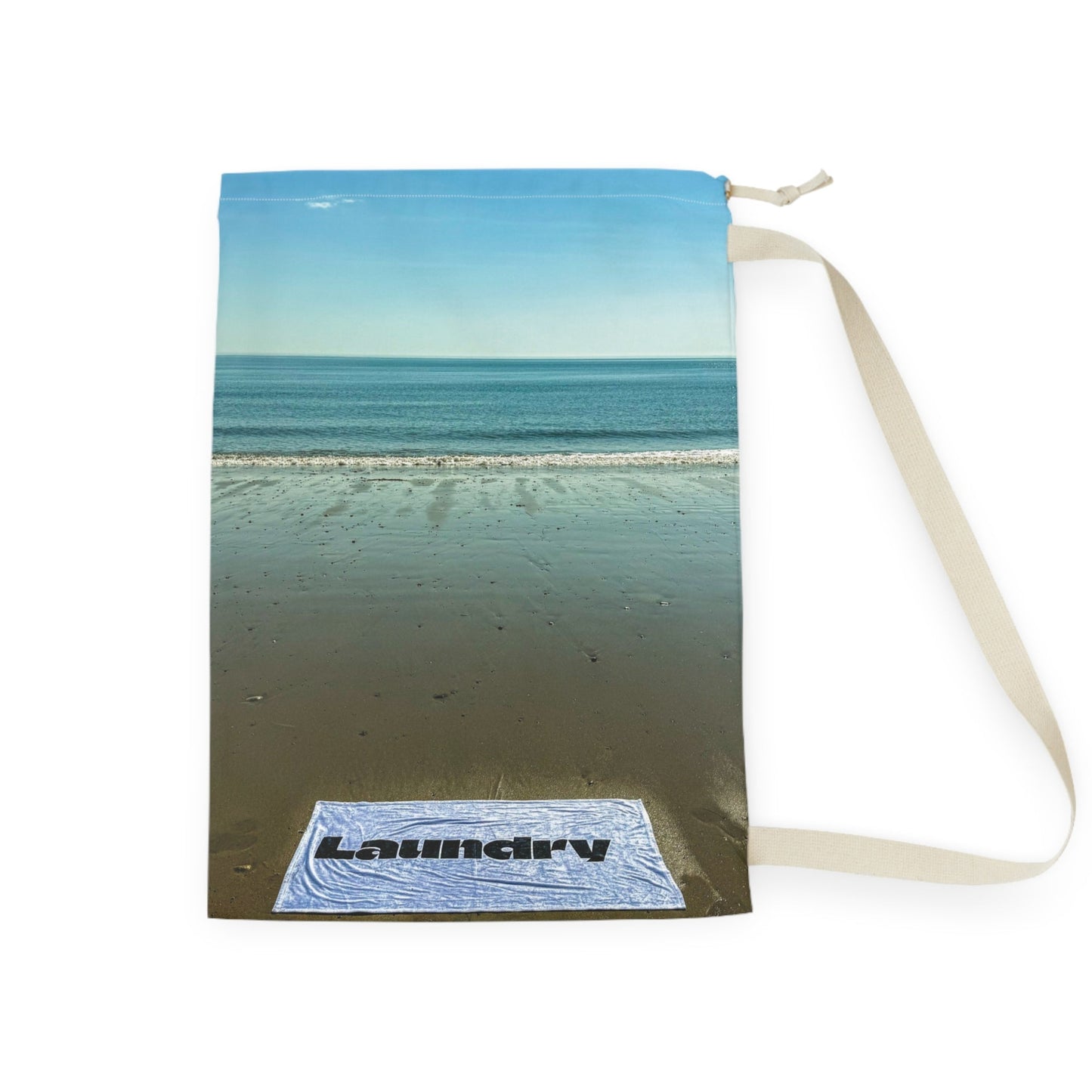 Laundry Bag with Shoulder Strap and Drawstring. Same print on both sides. "28 x 36". "Laundry Day at the Shore"