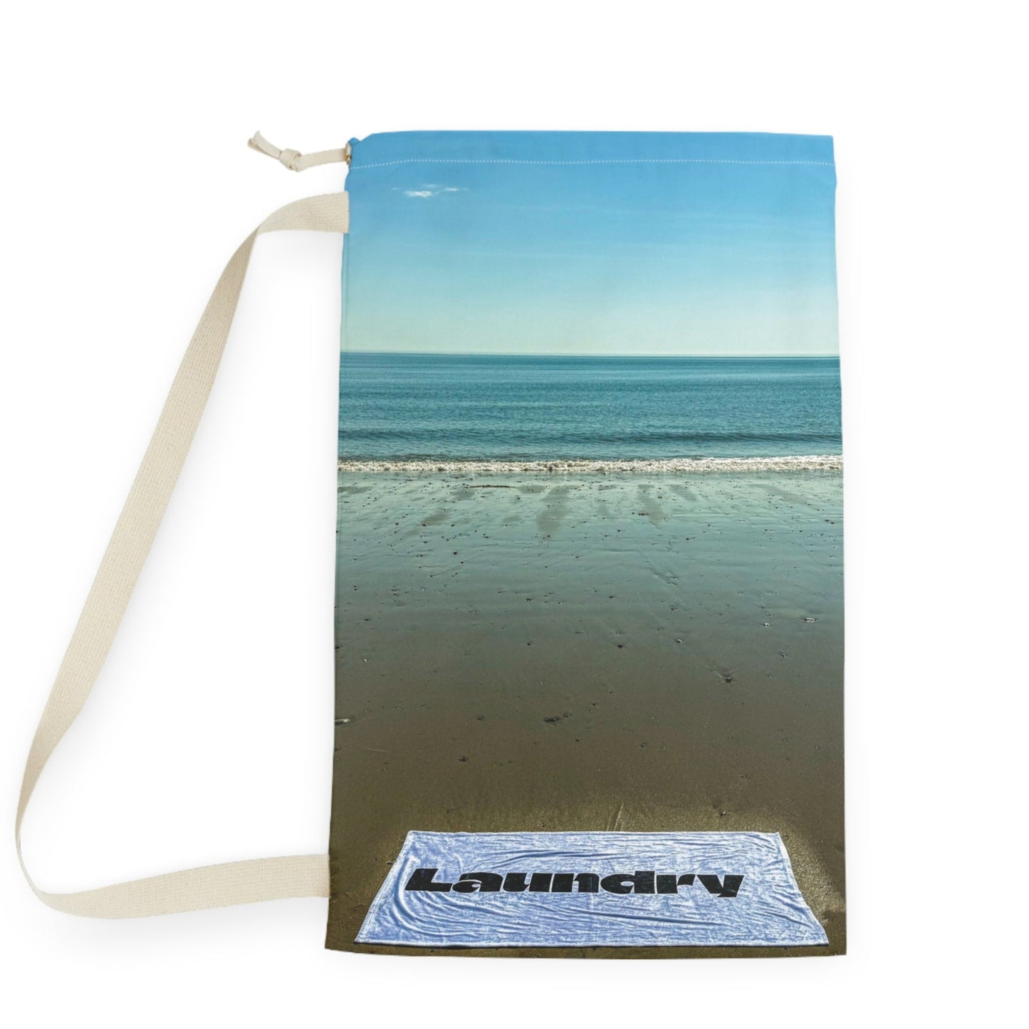 Laundry Bag with Shoulder Strap and Drawstring. Same print on both sides. "18 x 29". "Laundry day at the shore".