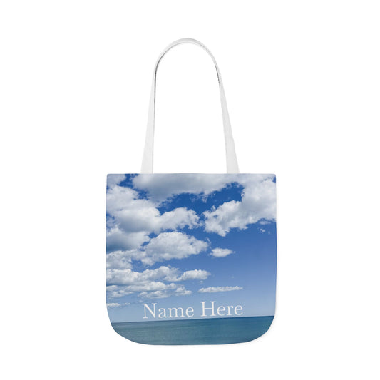 Everyday Tote Bag 18” x 18” same print on each side. 3 Handle Color Options. “Seaside Bright Clouds Personalized”