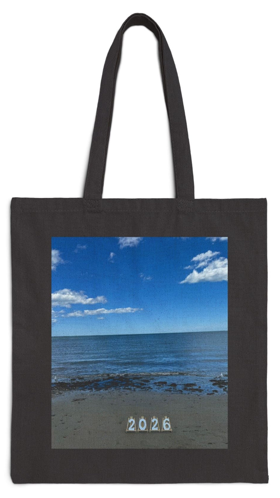2026 Tote Bag 15” x 16” Black Cotton Canvas Print on One Side. “2026 Seagulls at the Beach”