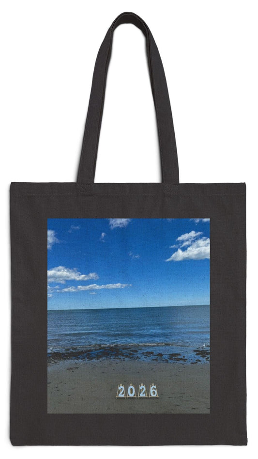 2026 Tote Bag 15” x 16” Black Cotton Canvas Print on One Side. “2026 Seagulls at the Beach”