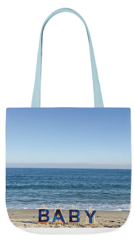 Baby Tote Bag (Blue Handles) 18” x 18”with the same print on each side. Blue or White handles. "Beach Baby Tote Bag".