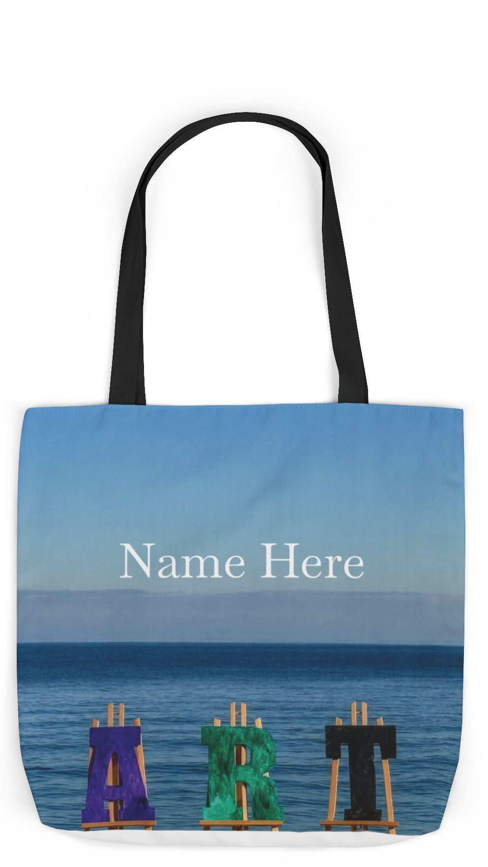 Art Tote Bag 18" x 18" same print on each side, 5-Color Handle options. "Seashore Art Personalized”