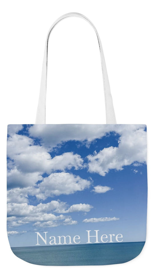 Personalized Everyday Tote Bag 18” x 18” same print on each side. 3 Handle Color Options. “Seaside Bright Clouds”