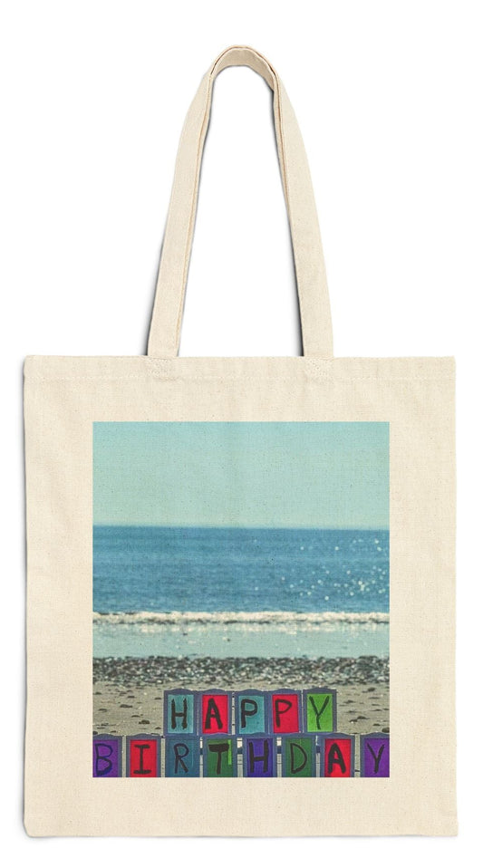 Birthday Tote Bag Natural Color 15" x 16" Cotton Canvas Print on One Side. "Seaside Birthday"