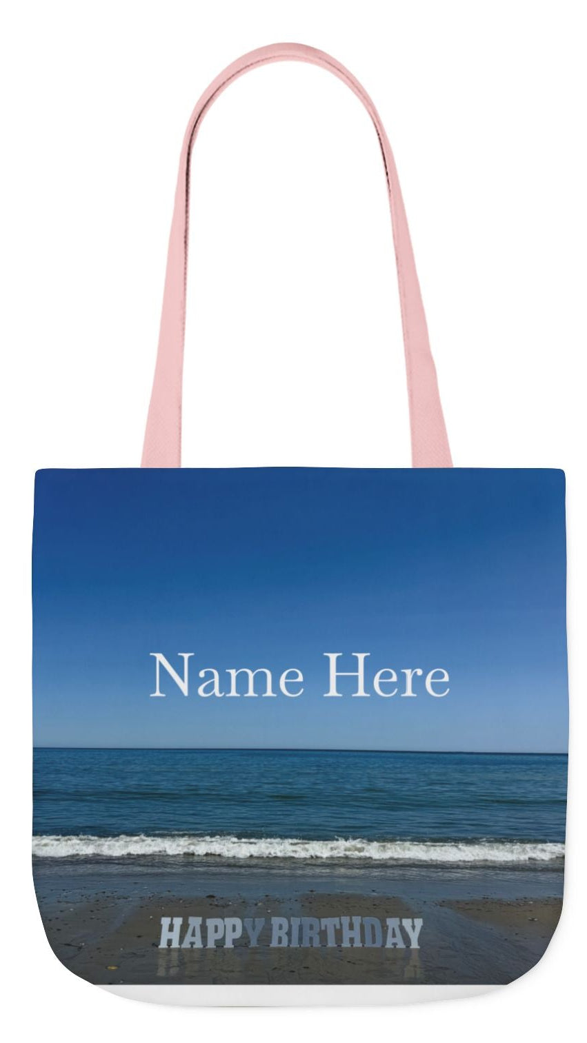 Birthday Tote Bag 13" x 13" different print on each side. 3 Handle Color Options. "Beach & Beach Sand Birthday Personalized”