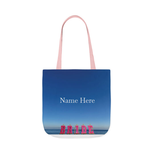 Bride Tote Bag 18” x 18” different print on each side. Pink or White Handle Choice. “Seaside & Beach Bride Bag Personalized”