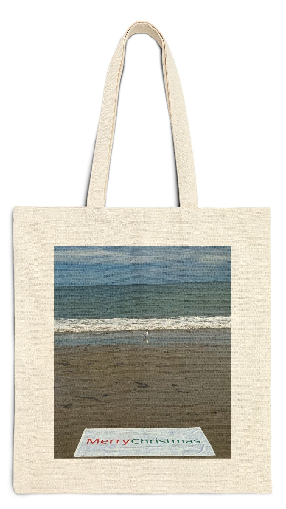 Christmas Tote Bag Natural Color 15” x 16” Print on One Side “Beach Christmas with Seagull”