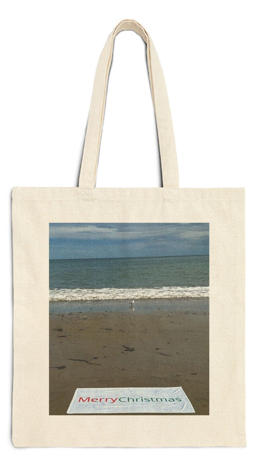 Christmas Tote Bag Natural Color 15” x 16” Print on One Side “Beach Christmas with Seagull”