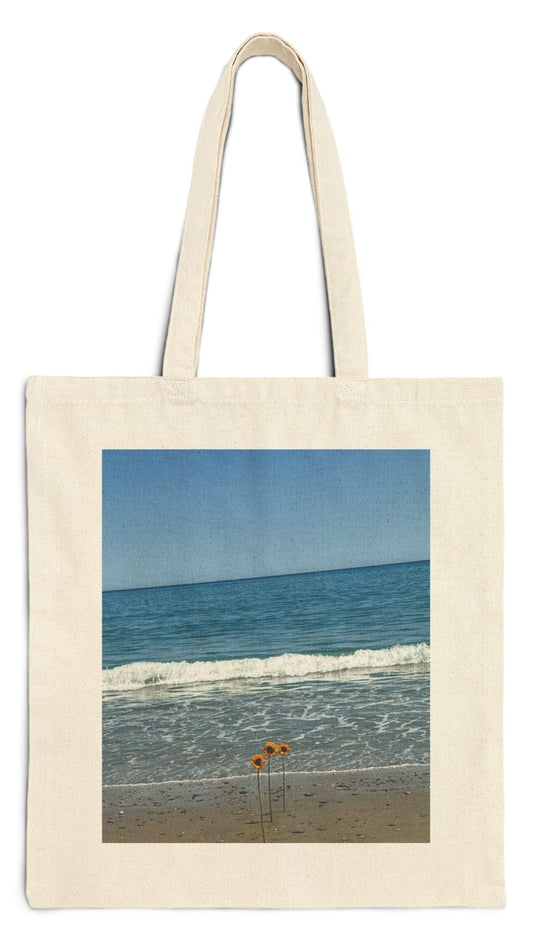 Floral Tote Bag Natural Color 15" x 16" Cotton Canvas Print on One Side. "Beachfront Flowers "