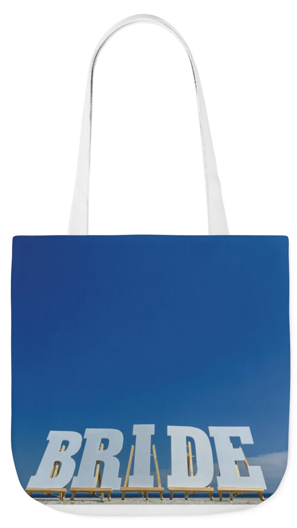Bride Tote Bag 18" x 18" with allover same print on each side. Pink or white handle choice. "Bride Bag Bright Sky"