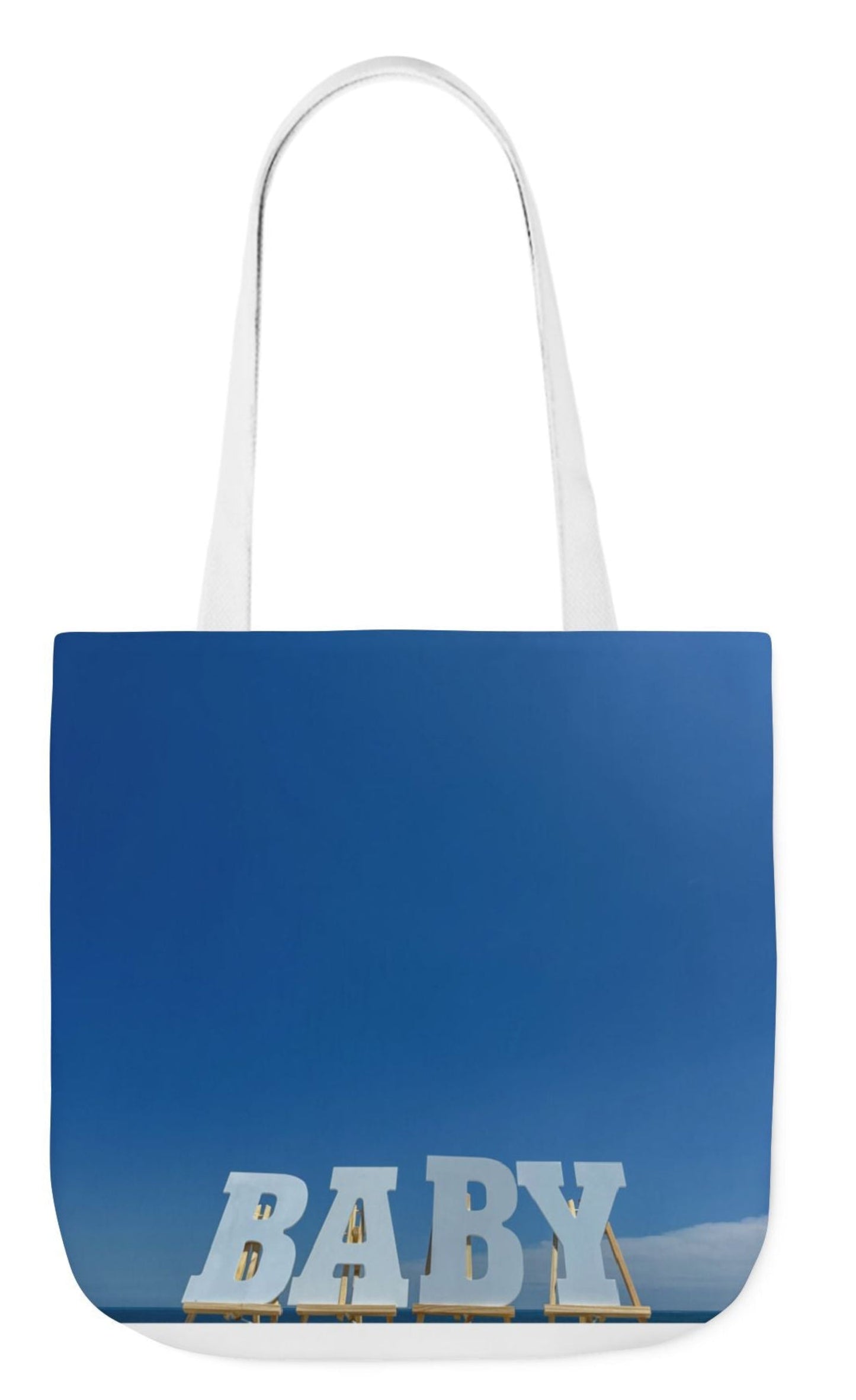 baby tote bag in blue 18" x 18" with white handles