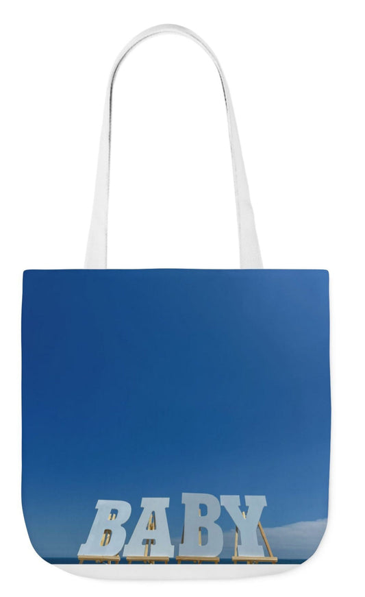baby tote bag in blue 18" x 18" with white handles