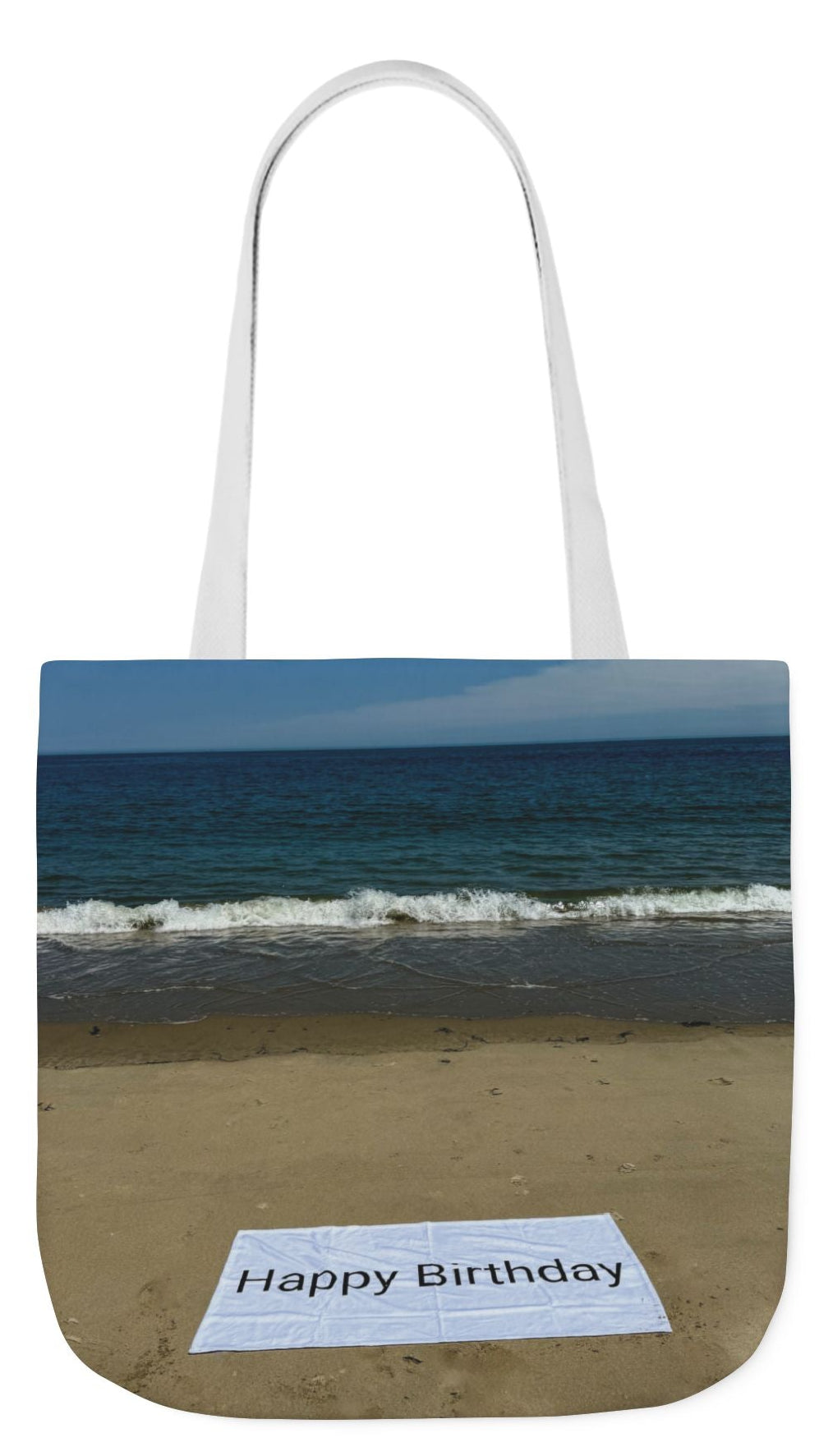 Birthday Tote Bag 18" x 18" different print on each side. 3 handle color options. "Beach & Beach Sand Birthday Personalized”