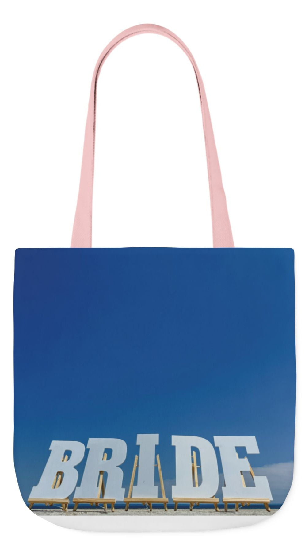 Bride Tote Bag 18" x 18" with allover same print on each side. Pink or white handle choice. "Bride Bag Bright Sky"