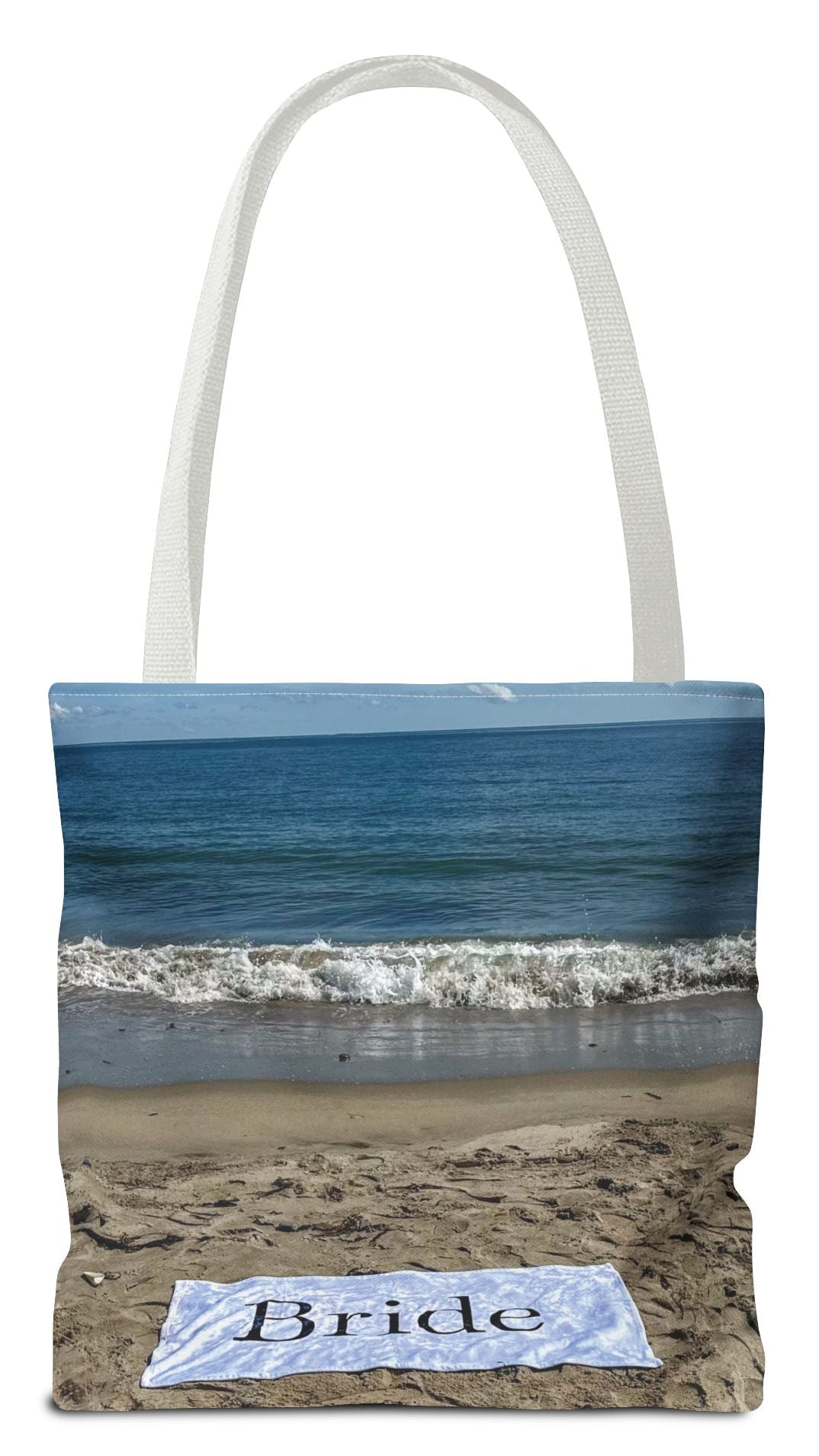 Bride Tote Bag 13" x 13" Same Print on Both Sides with White Handles. "Bride Beach Sand Bride Bag" (Personalize it)