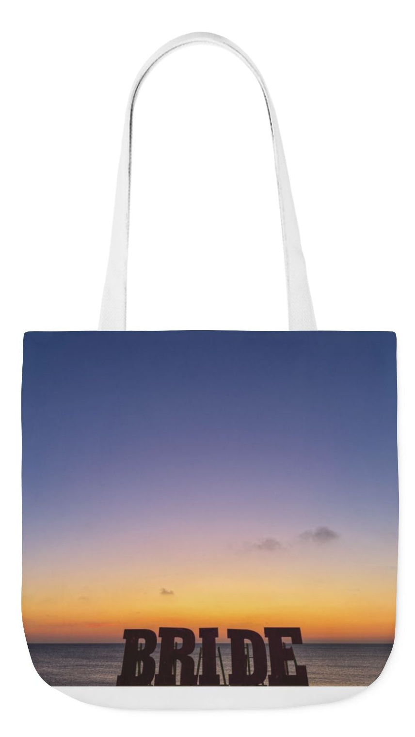 Bride Tote Bag 13” x 13” same print on each side. Handle color choice of Pink or White. “Daybreak Bride Bag”