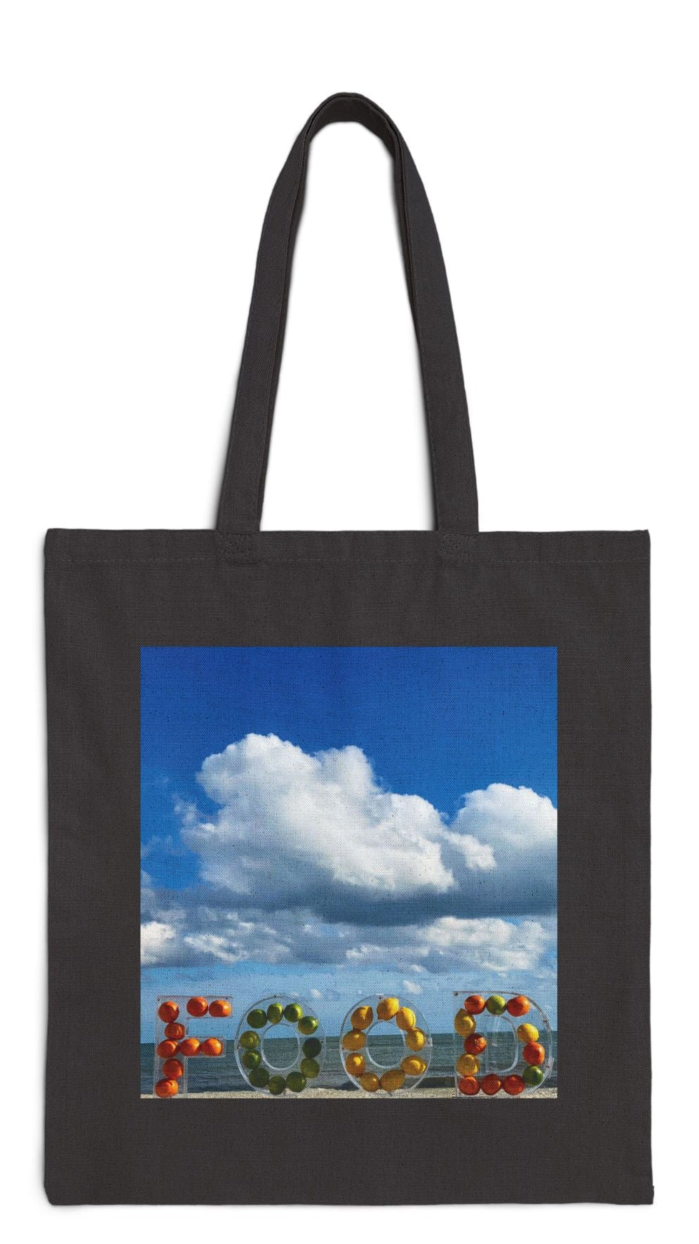 Food Tote Bag Black 15” x 16” Cotton Canvas Different Print on Each Side. "Beachy Food & Seashore Food Bag"