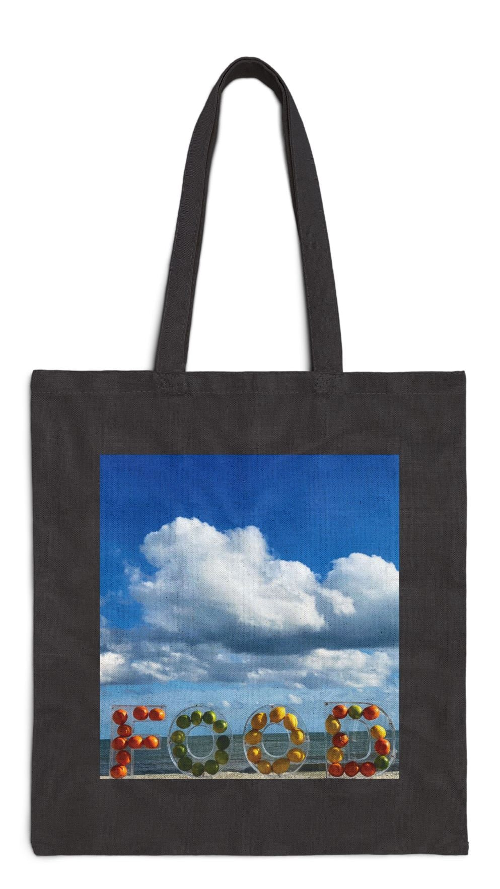 Food Tote Bag Black 15” x 16” Cotton Canvas Different Print on Each Side. "Beachy Food & Seashore Food Bag"