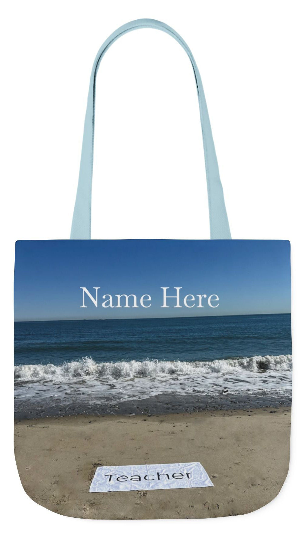 Teacher Tote Bag 18” x 18”  same print on each side. 5 Handle Color Options. “Beachfront Teacher Bag”