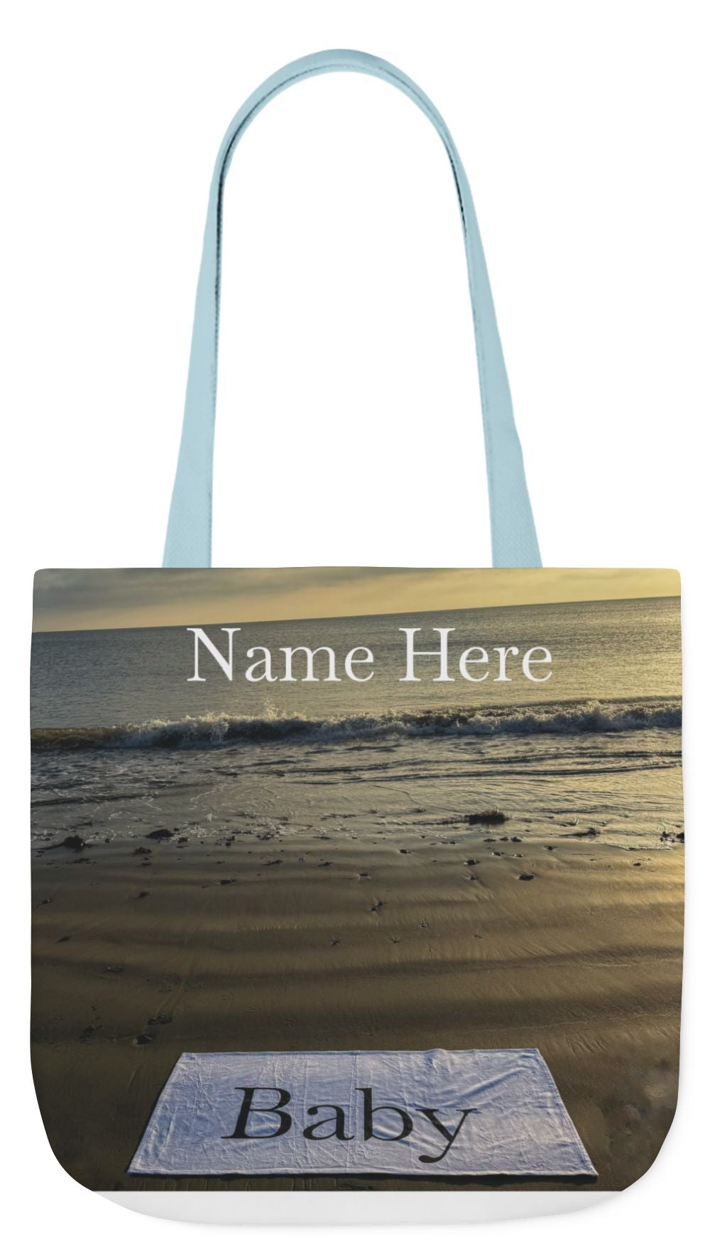 Baby Tote Bag 18" x 18" different print on each side. Handles color choice of White, Blue or Pink. "Daybreak & Sunny Seaside Baby Tote BagPersonalized"