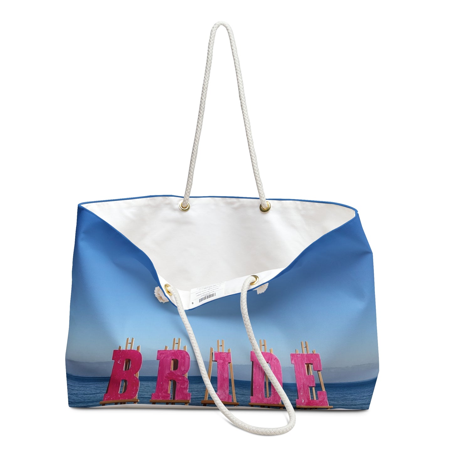 Bride Weekender Bag with same allover print on each side and rope handles. "24 x 13". "Seaside Bride Weekender Bag".