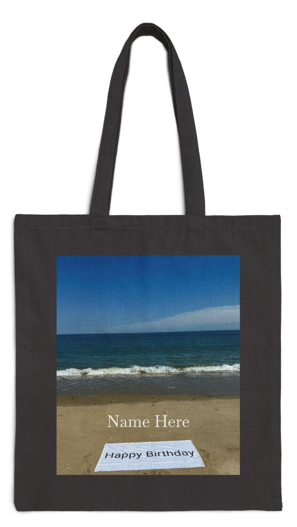 Birthday Tote Bag Black 15" x 16" Cotton Canvas Print on One Side. "Beach Sand Birthday" (Personalize it)