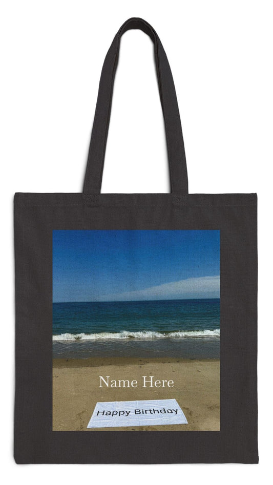 Birthday Tote Bag Black 15" x 16" Cotton Canvas Print on One Side. "Beach Sand Birthday" (Personalize it)